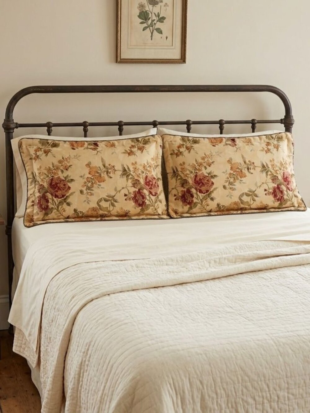 Pair of Vintage KING Brocade Pillow Shams Gold Damask with Floral Print Formal